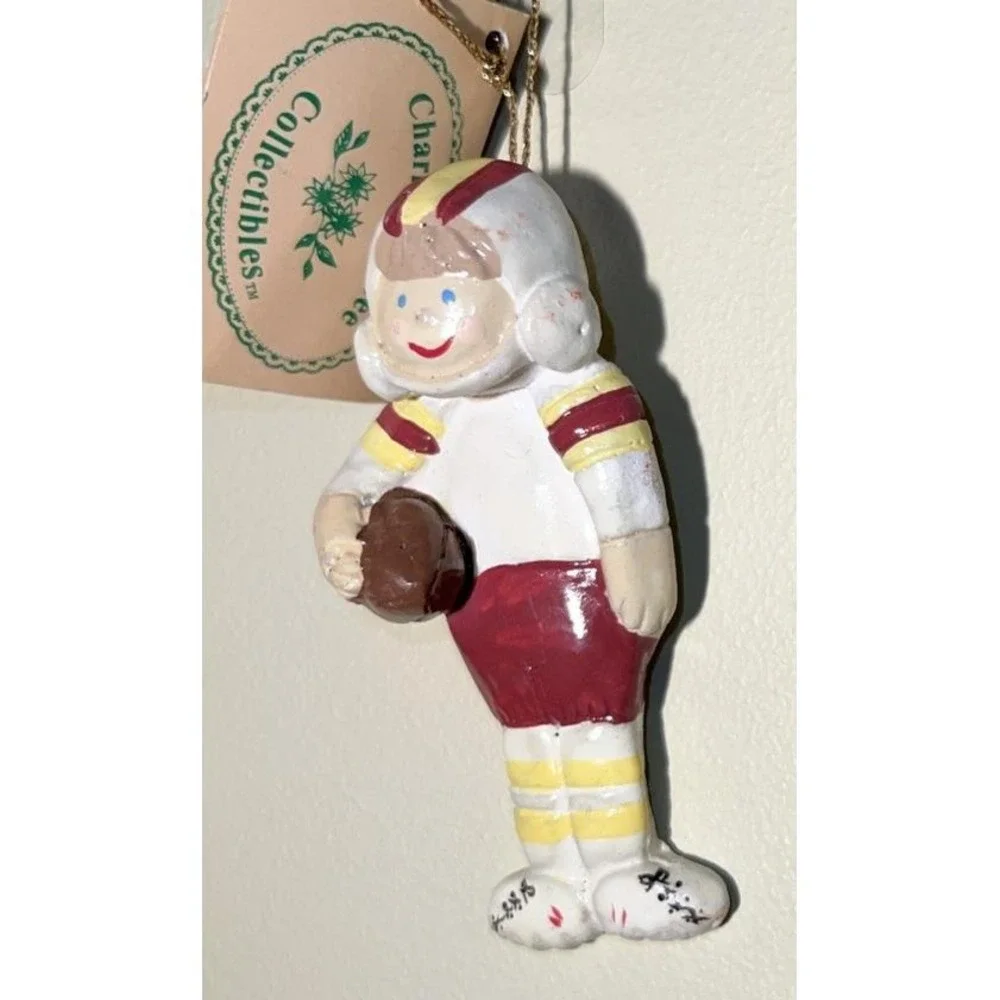Vintage Charlee McGee Football Player Christmas Ornament Figure Molded Resin Tag